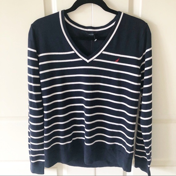Nautica Sweaters - Nautica Navy Seas V-Neck Navy Blue and White Striped Sweater Size Large